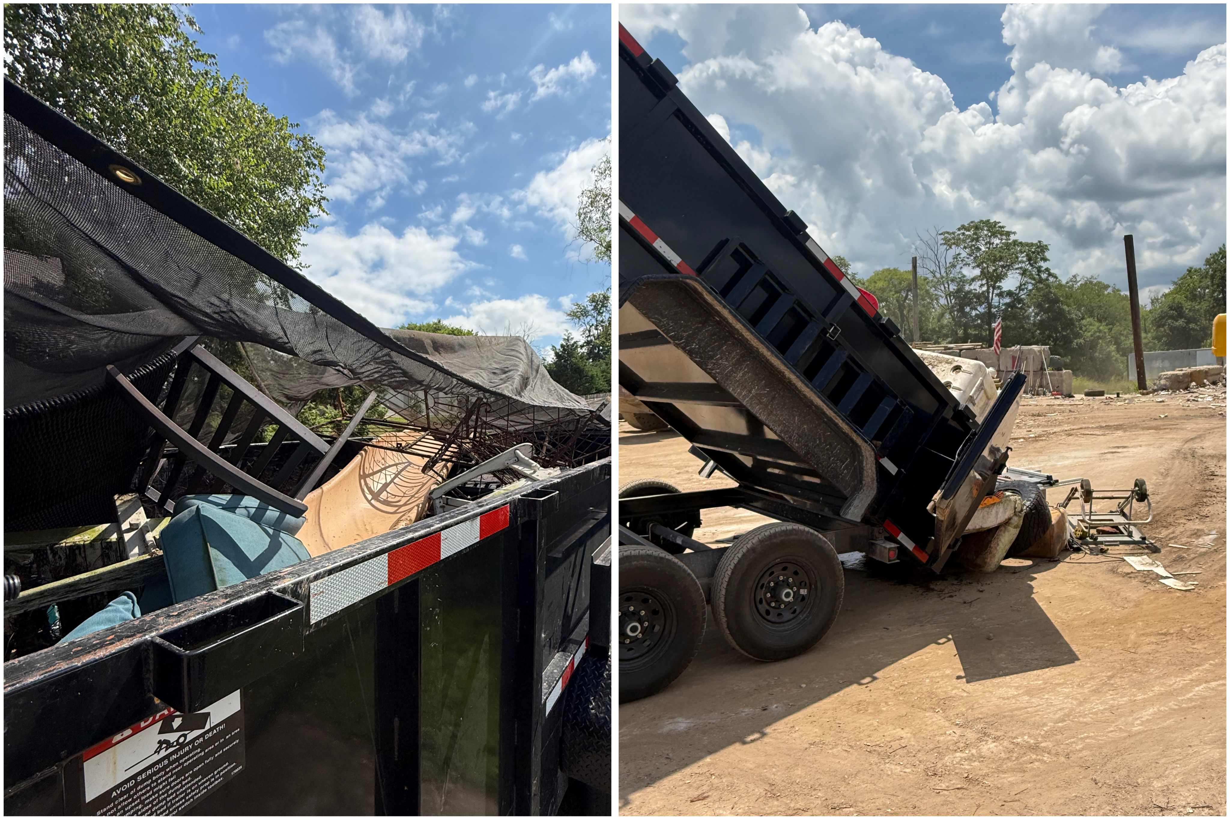 Before and after junk removal service showing large dumpster filled with debris and then completely empty