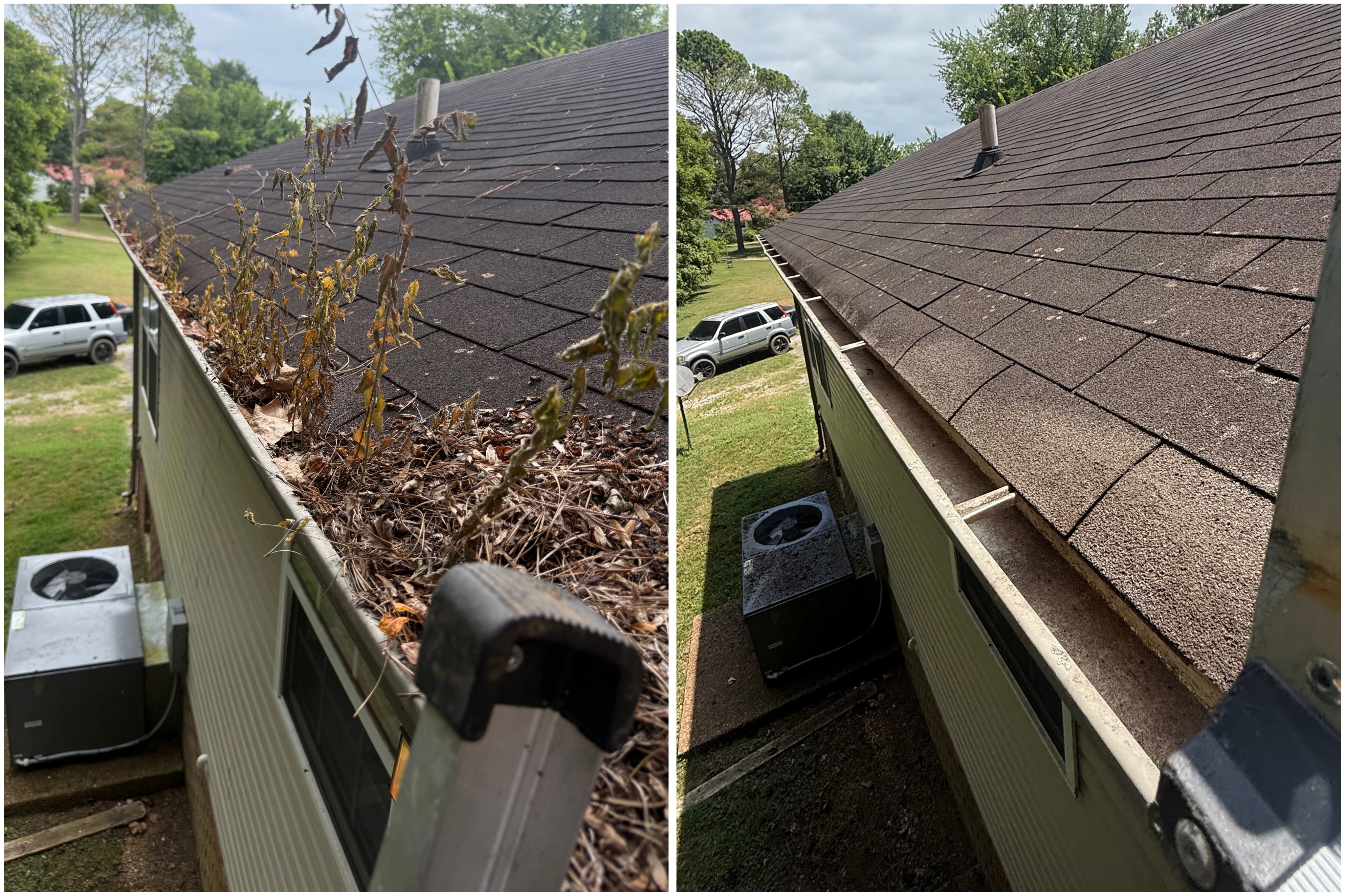 Before and after gutter cleaning by HB Lawncare